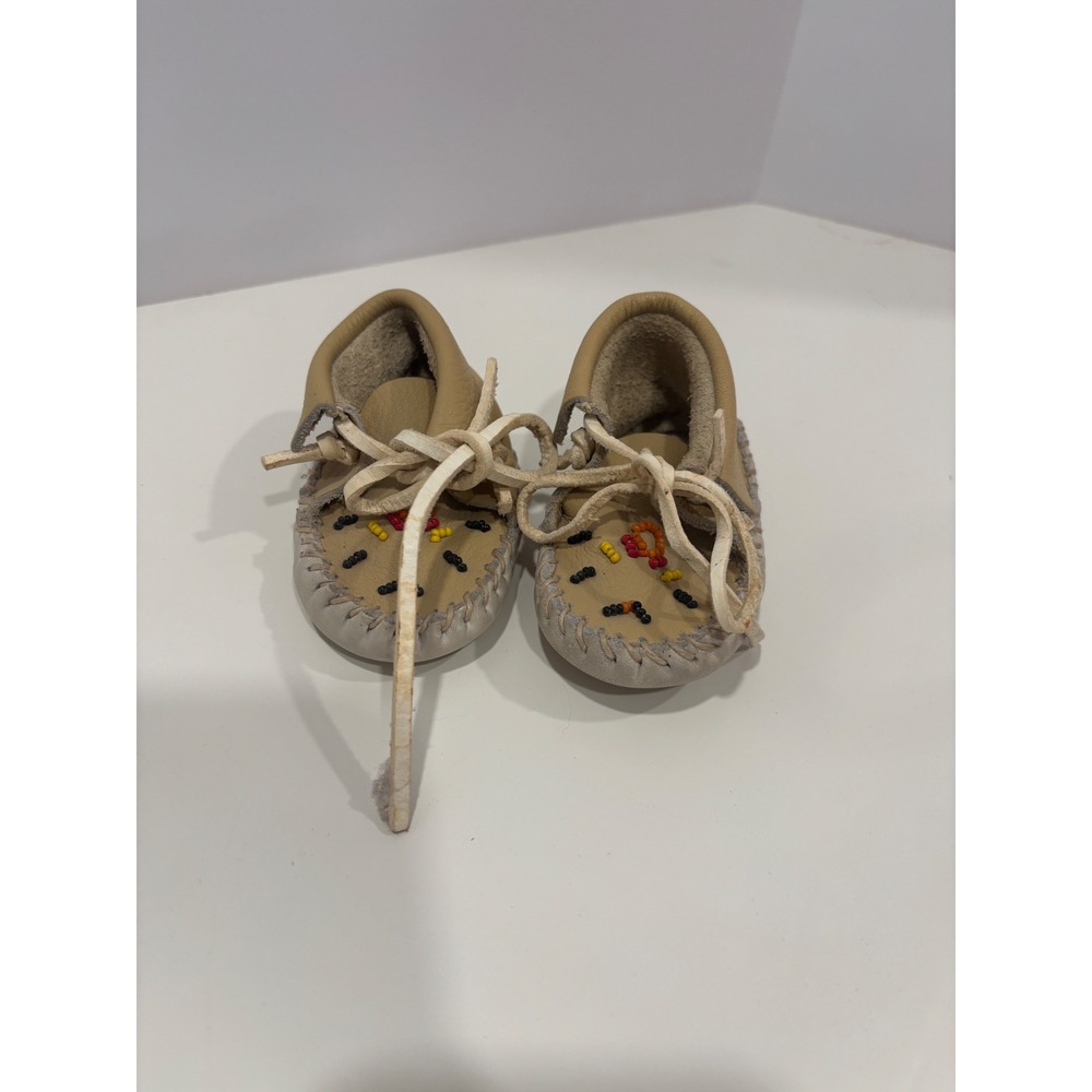 Handmade Leather Baby Moccasins Beaded Tan Soft Sole Infant Booties 4.5" Sole